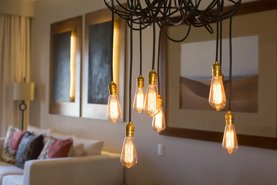 Pendant bulbs above the Towers Private Pool Suite lounge at Pueblo Bonito Pacifica Golf & Spa Resort.