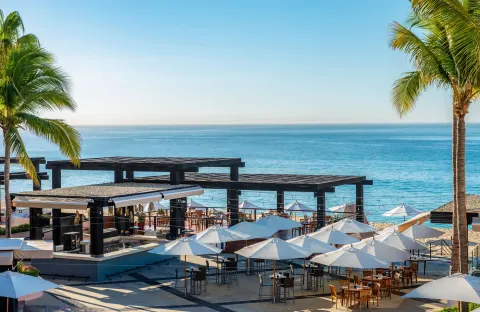 Resort terrace with umbrellas, palms, and ocean views at Pueblo Bonito Rose Resort and Spa.