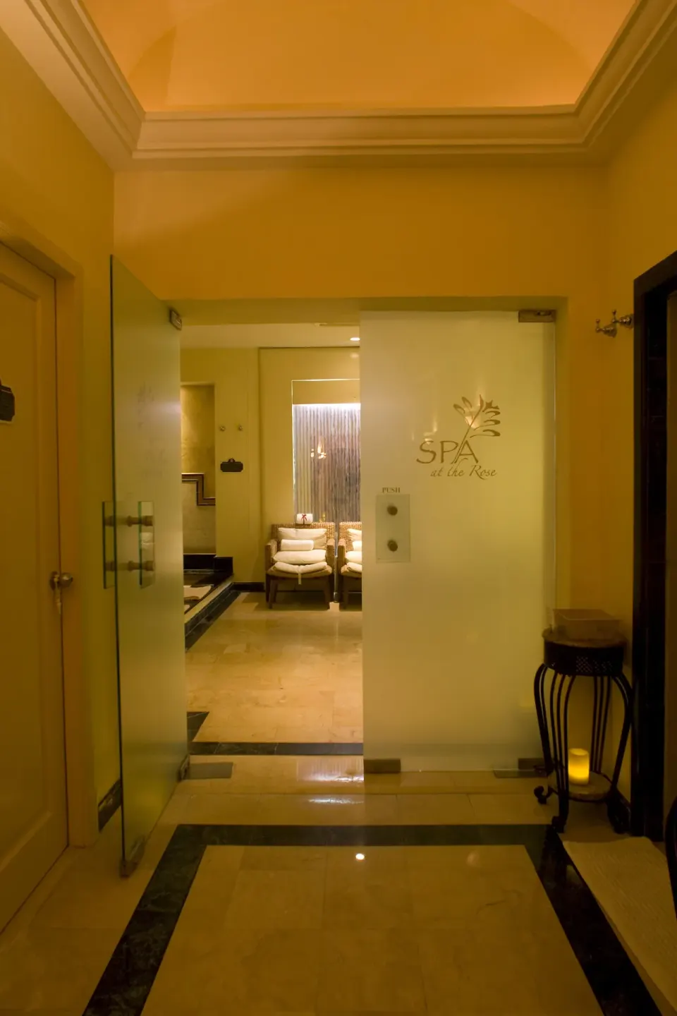 Spa entrance with frosted glass doors at Pueblo Bonito Rose Resort and Spa.