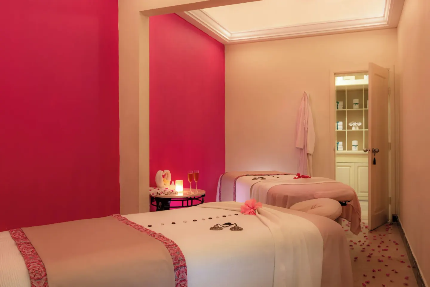 Spa treatment room with two massage tables at Pueblo Bonito Rose Resort and Spa.