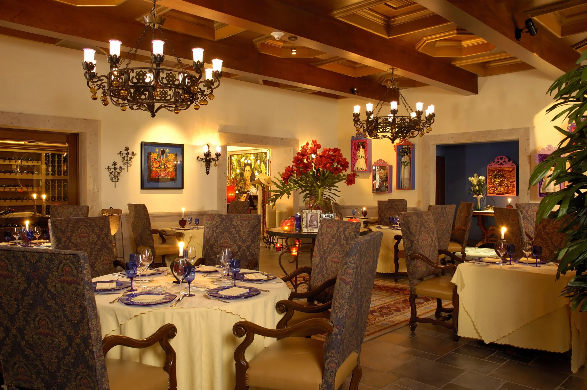 Candlelit LaFrida dining room at Pueblo Bonito Sunset Beach Golf & Spa Resort.