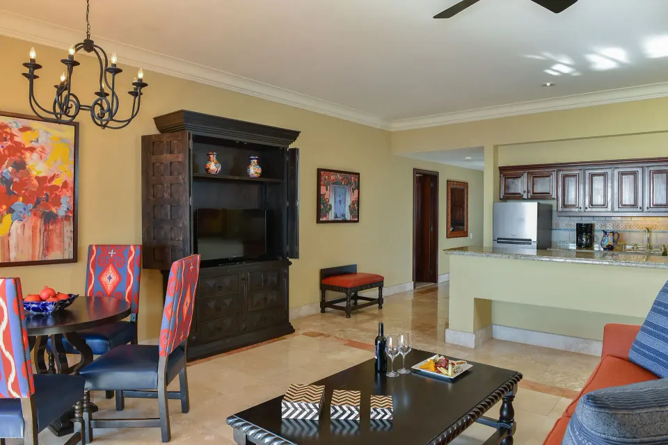Executive Suite Ocean View living room with kitchenette at Pueblo Bonito Sunset Beach Golf & Spa Resort.