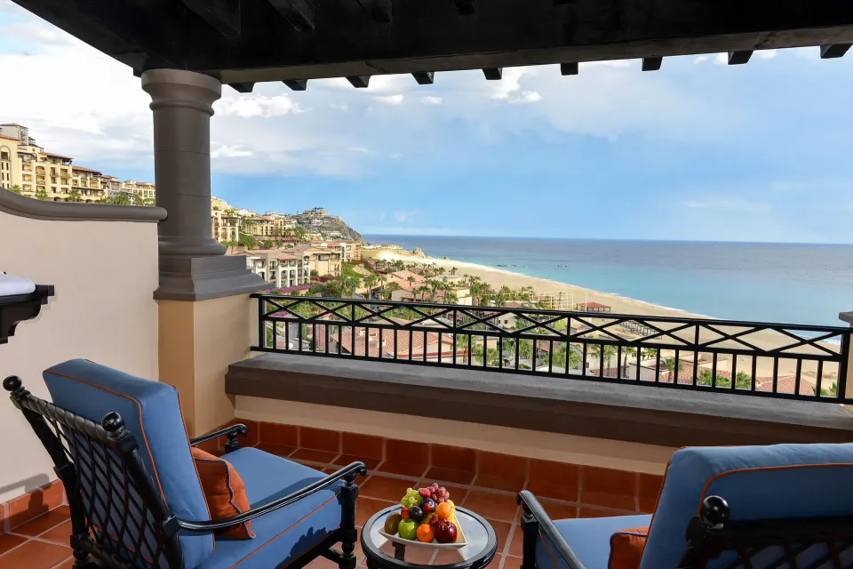 Junior Suite Ocean View terrace seating and ocean view at Pueblo Bonito Sunset Beach Golf & Spa Resort.