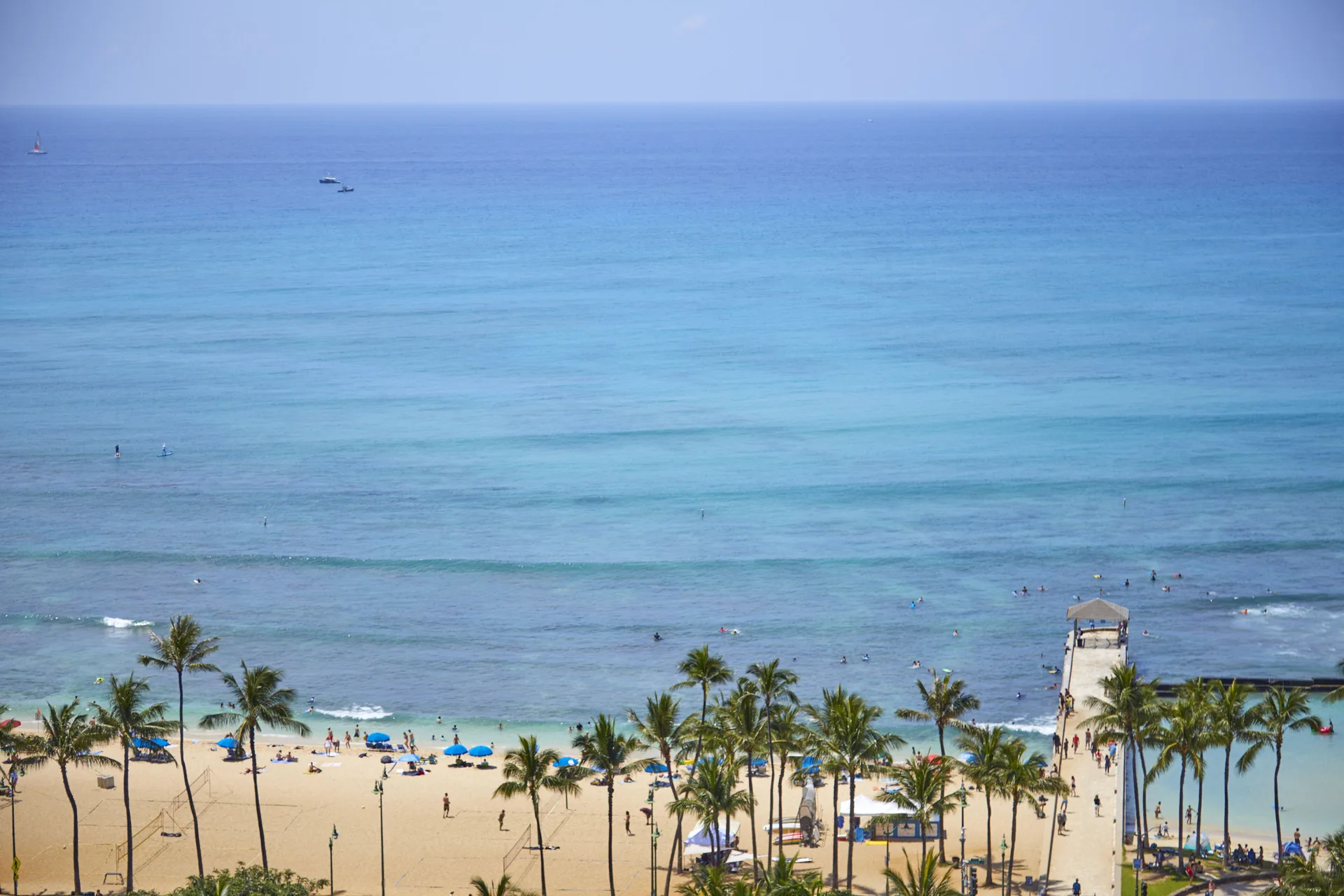 Ocean view over Waikiki Beach and palm trees at Queen Kapiolani Hotel.