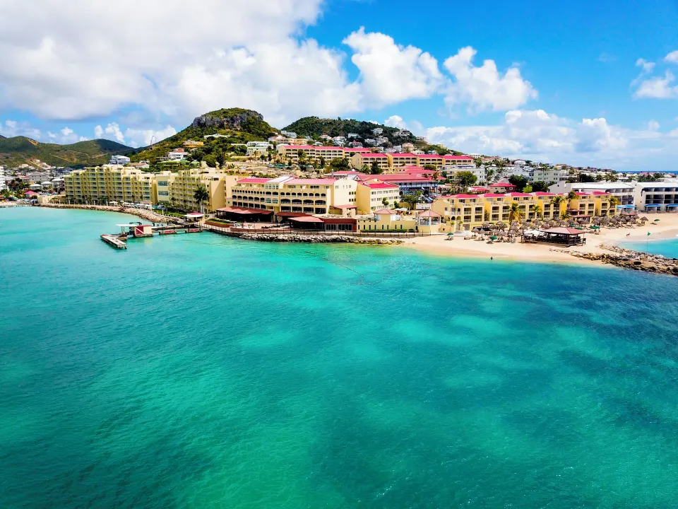 Simpson Bay Resort, Marina & Spa large marina resort with waterfront buildings and boat slips in Simpson Bay, Sint Maarten.