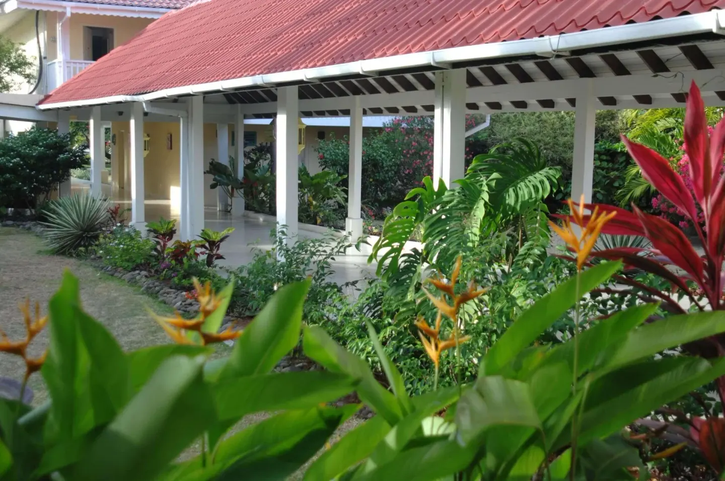 Covered garden walkway with red roof and tropical plants at Radisson Grenada Beach Resort.