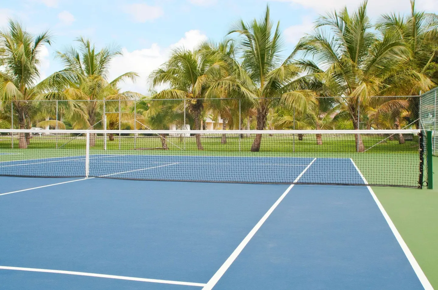 Tennis court with palm trees at Radisson Grenada Beach Resort.