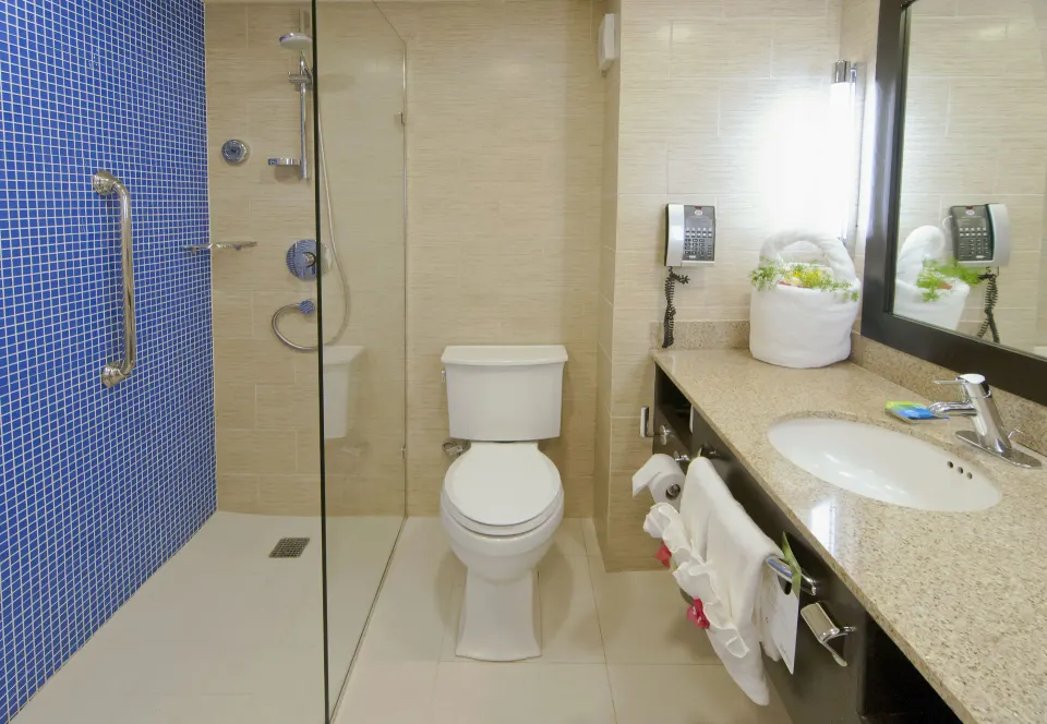 Non Smoking Garden View bathroom with shower and vanity at Radisson Grenada Beach Resort.