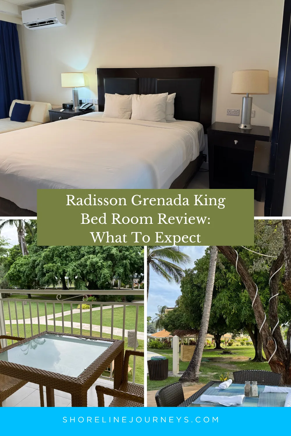 King bed guest room and balcony views at Radisson Grenada Beach Resort.