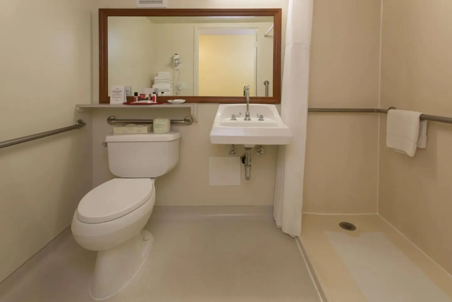 Accessible bathroom with toilet, sink, and roll-in shower at Ramada Plaza Waikiki.