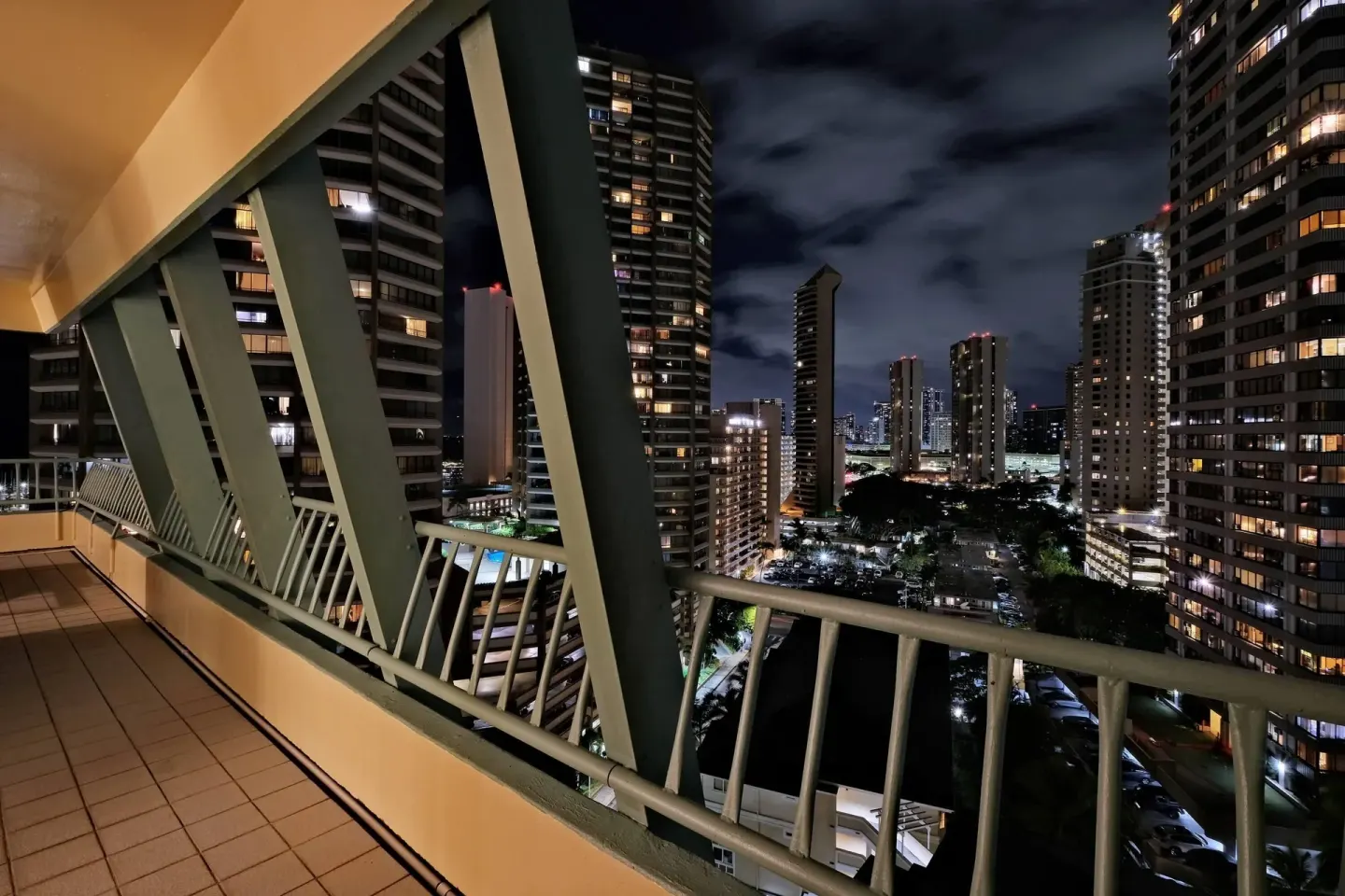 Night city view from a balcony at Ramada Plaza Waikiki.