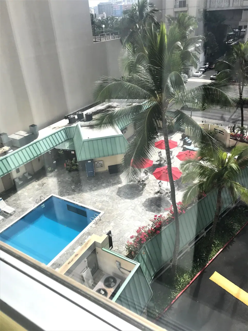 Pool courtyard view from a Standard Room at Ramada Plaza Waikiki, with palms and red umbrellas.