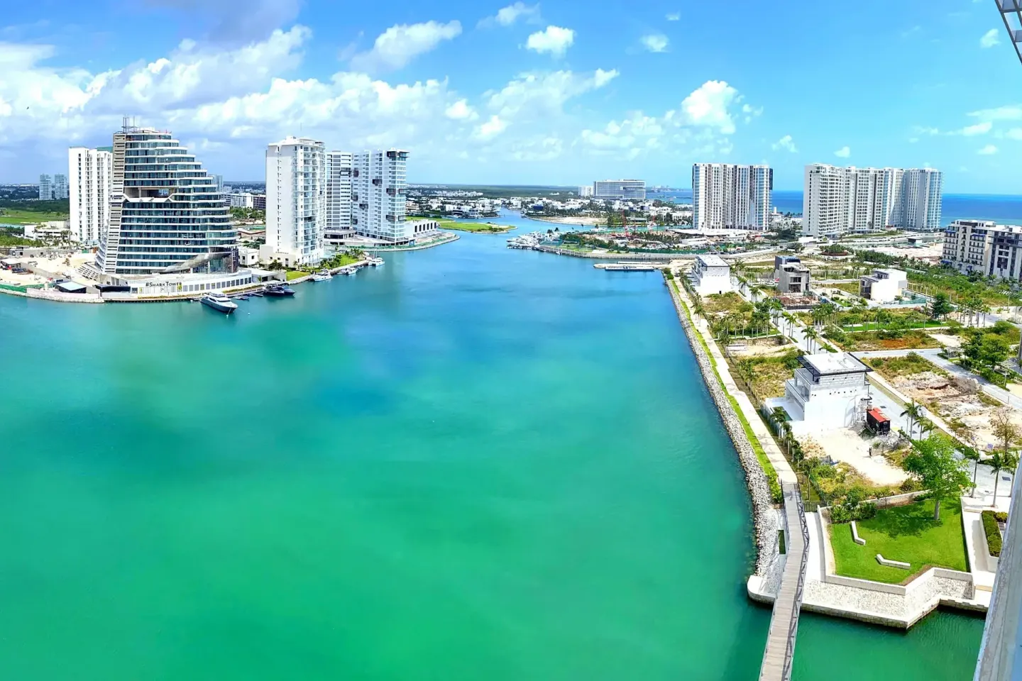 Wide marina and skyline view from Renaissance Cancun Resort & Marina balcony.