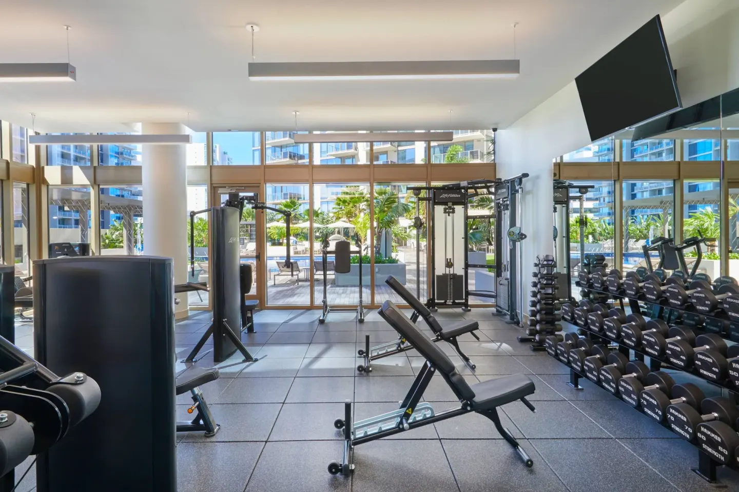 Fitness center with weights and strength equipment at Renaissance Honolulu Hotel & Spa.