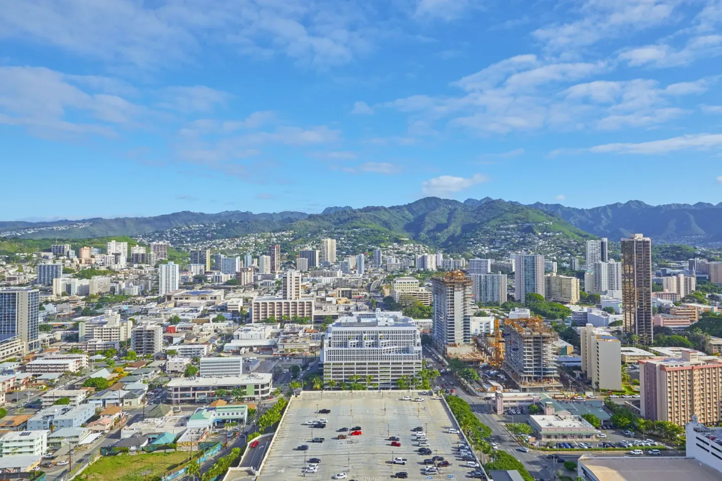 Honolulu skyline and green mountains seen from Renaissance Honolulu Hotel & Spa.