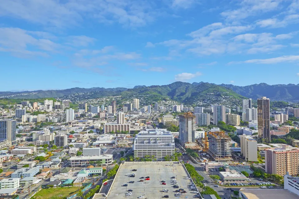 Honolulu skyline and green mountains seen from Renaissance Honolulu Hotel & Spa.
