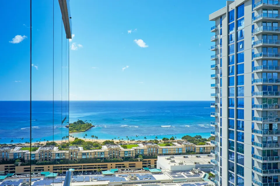 Ocean view between neighboring towers from Renaissance Honolulu Hotel & Spa.