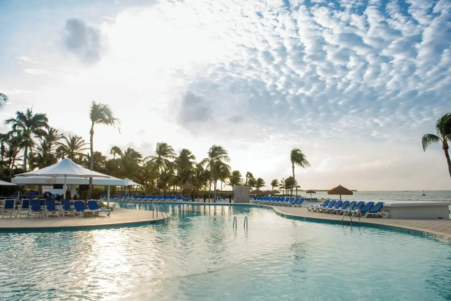 Beachfront pool with Solé canopy and ocean beyond at Renaissance Wind Creek Aruba Resort.
