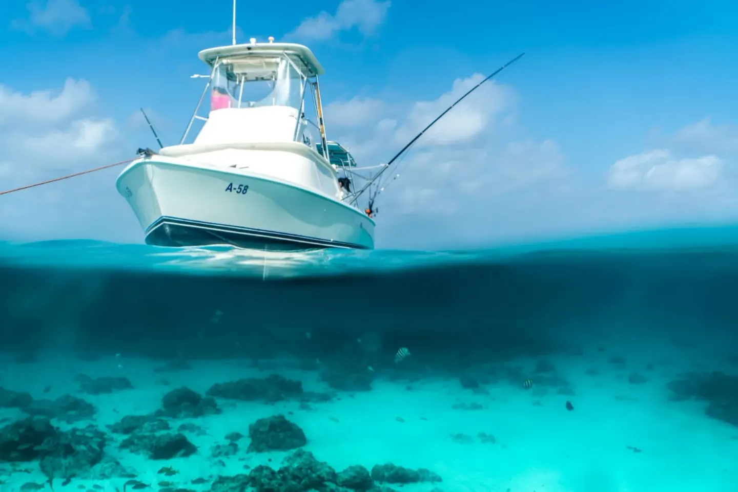 Fishing boat above clear turquoise water near Renaissance Wind Creek Aruba Resort.