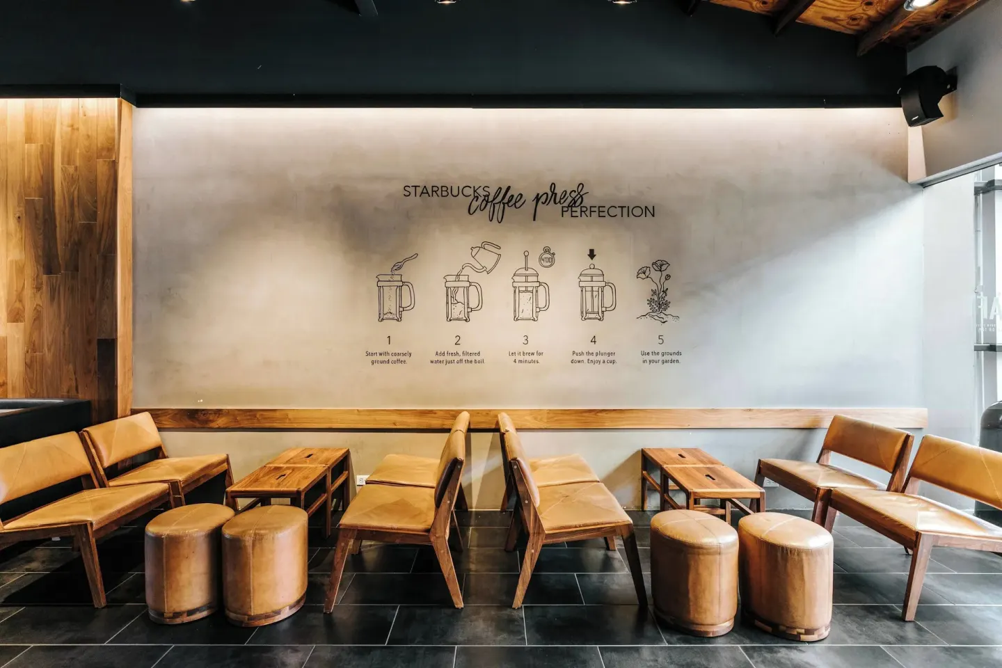 Starbucks seating area with coffee press wall art at Renaissance Wind Creek Aruba Resort.
