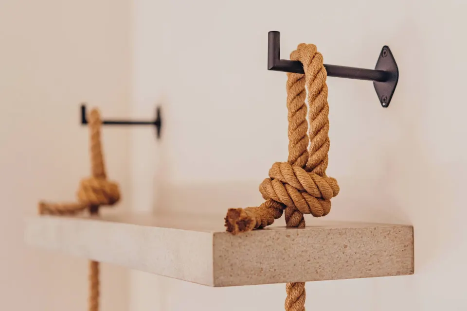 Rope shelving detail in a guest room at Renaissance Wind Creek Aruba Resort.