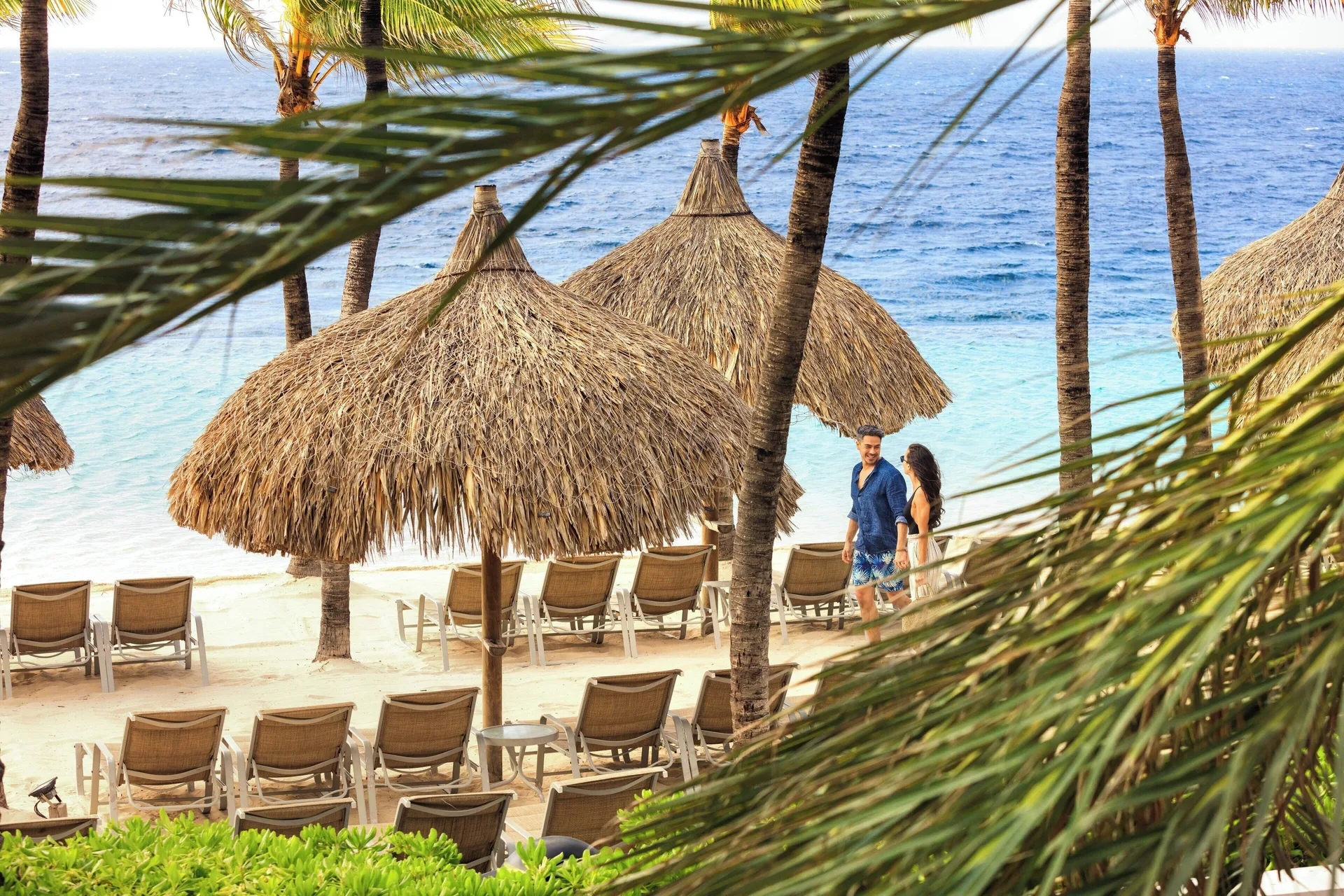 Beach palapas and lounge chairs face the sea at Renaissance Wind Creek Curacao Resort.