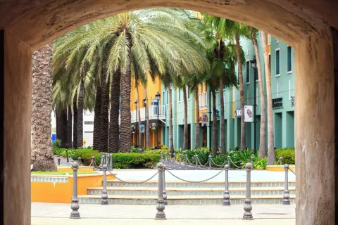 Palm-lined courtyard seen through an arch at Renaissance Wind Creek Curacao Resort.