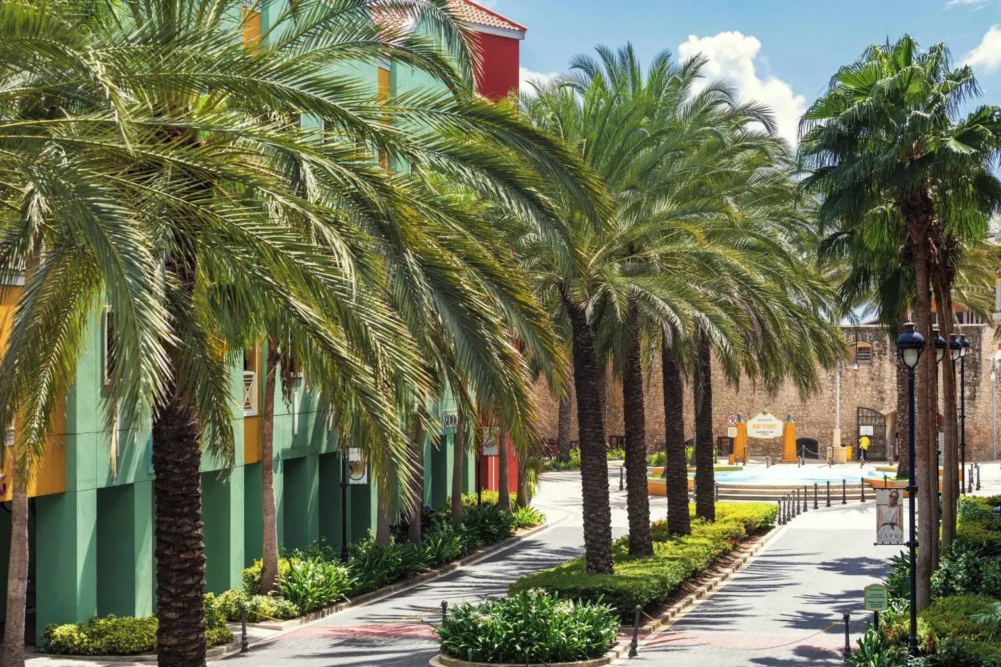 Palm-lined resort view from Renaissance Wind Creek Curacao Resort guest room.
