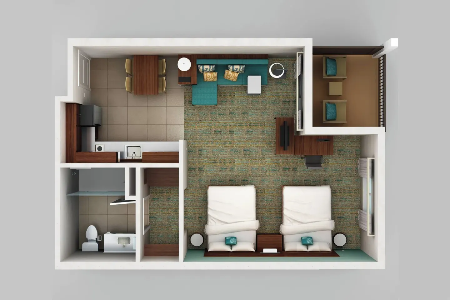 Floor plan of a studio with two beds and kitchen at Residence Inn Maui Wailea.