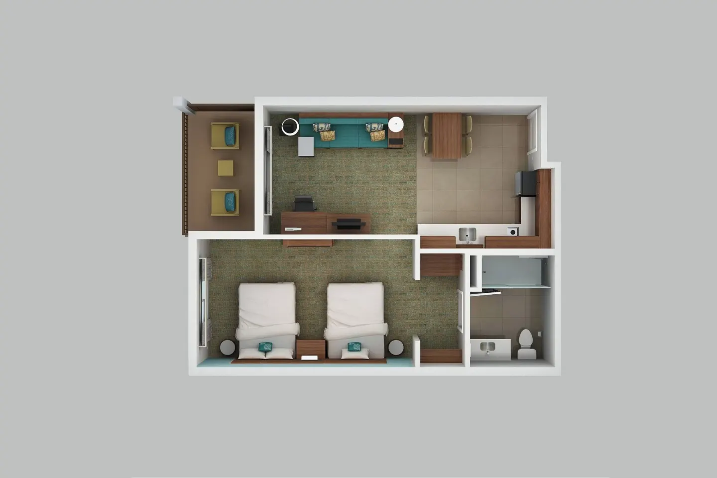 One-bedroom suite floor plan at Residence Inn Maui Wailea showing bedroom, living room, kitchen, bath, and balcony.
