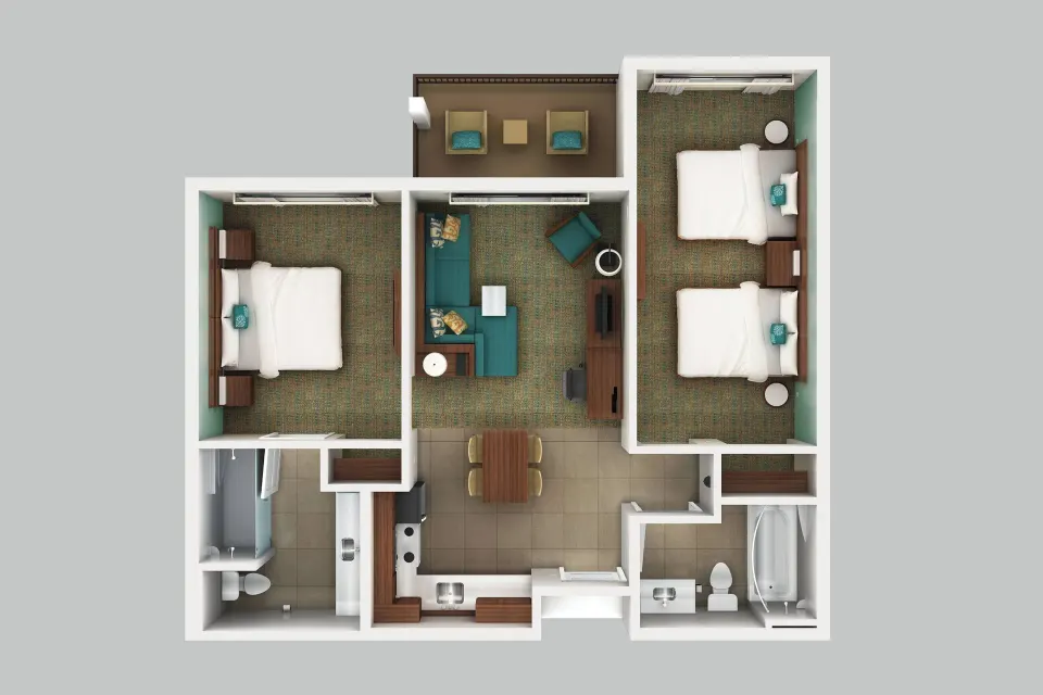 Overhead floor plan of a two-bedroom suite with kitchen at Residence Inn Maui Wailea.