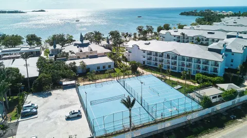 Aerial view of sports courts, resort buildings, palms, and shoreline at Riu Negril.