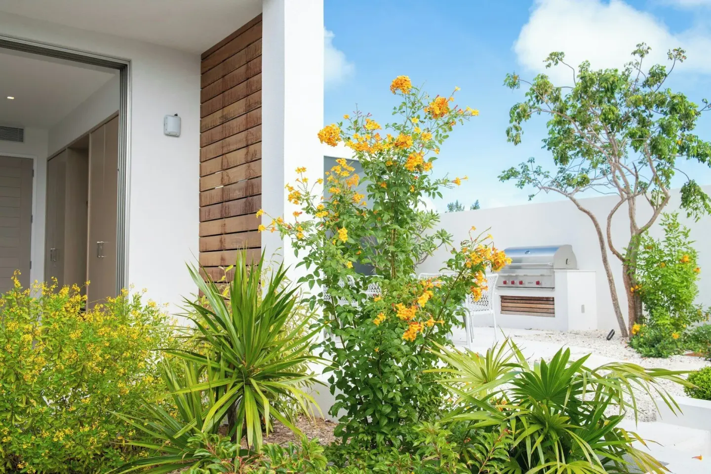 Villa terrace with flowering plants and outdoor grill at Rock House.