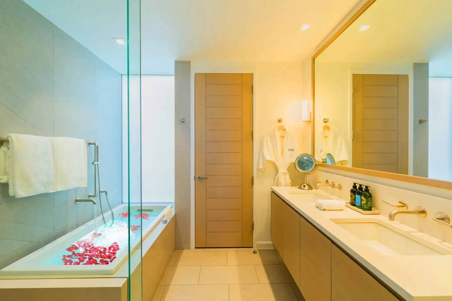 Oceanfront Studio bathroom with soaking tub and double vanity at Rock House.