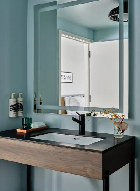 Bathroom vanity with mirror, sink, and flowers in a guest room at Romer House Waikiki.