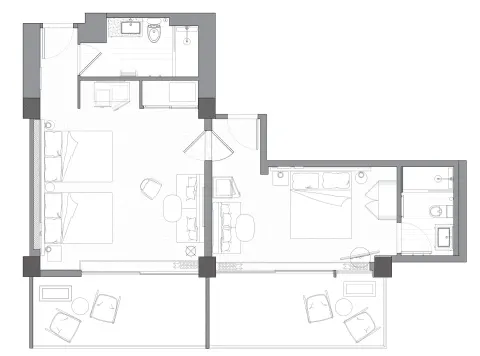 Two Bedrooms Suite floor plan showing two beds, one king room, bathrooms, and balconies at Romer House Waikiki.