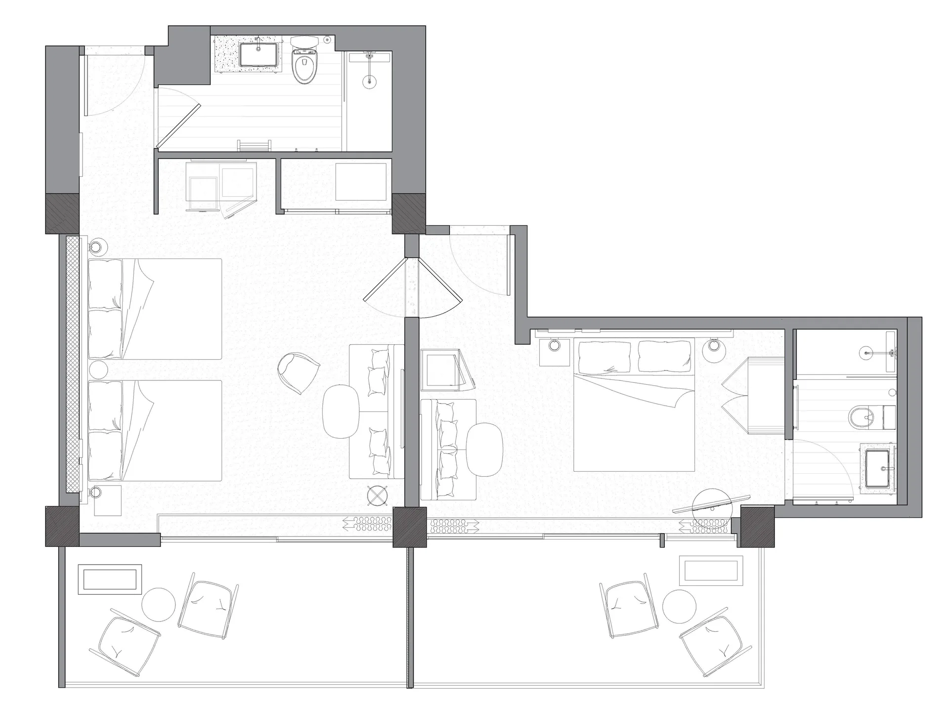 Two Bedrooms Suite floor plan showing two beds, one king room, bathrooms, and balconies at Romer House Waikiki.