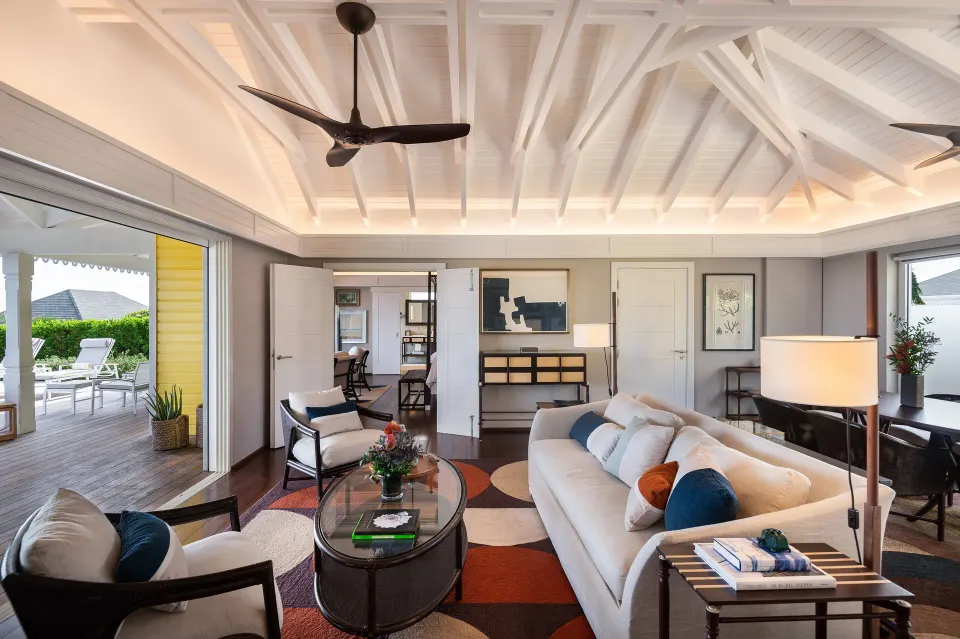 Bougainvillea Suite living room with terrace access at Rosewood Le Guanahani St Barth.