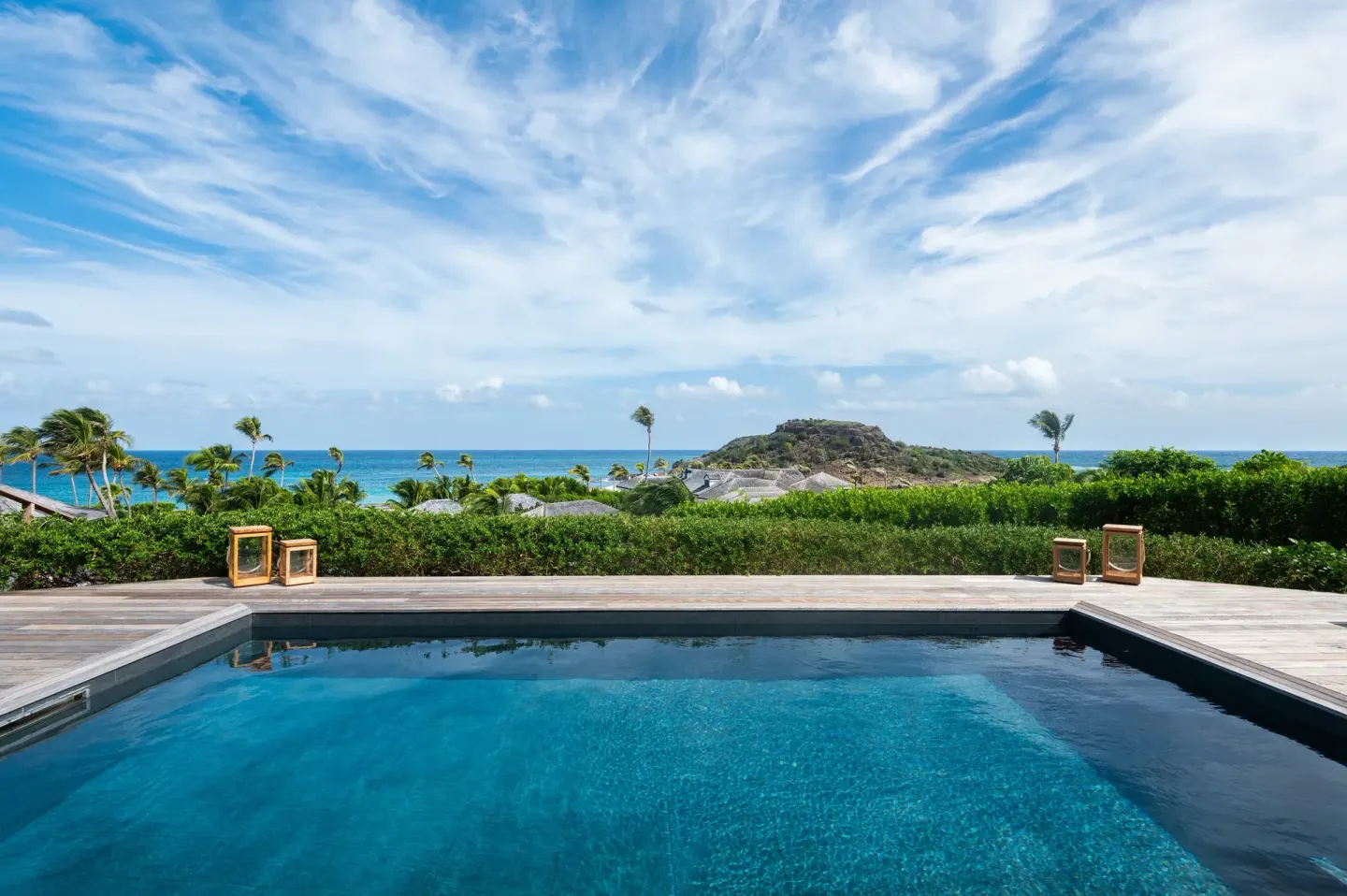 Bougainvillea Suite pool with sea and hillside views at Rosewood Le Guanahani St Barth.