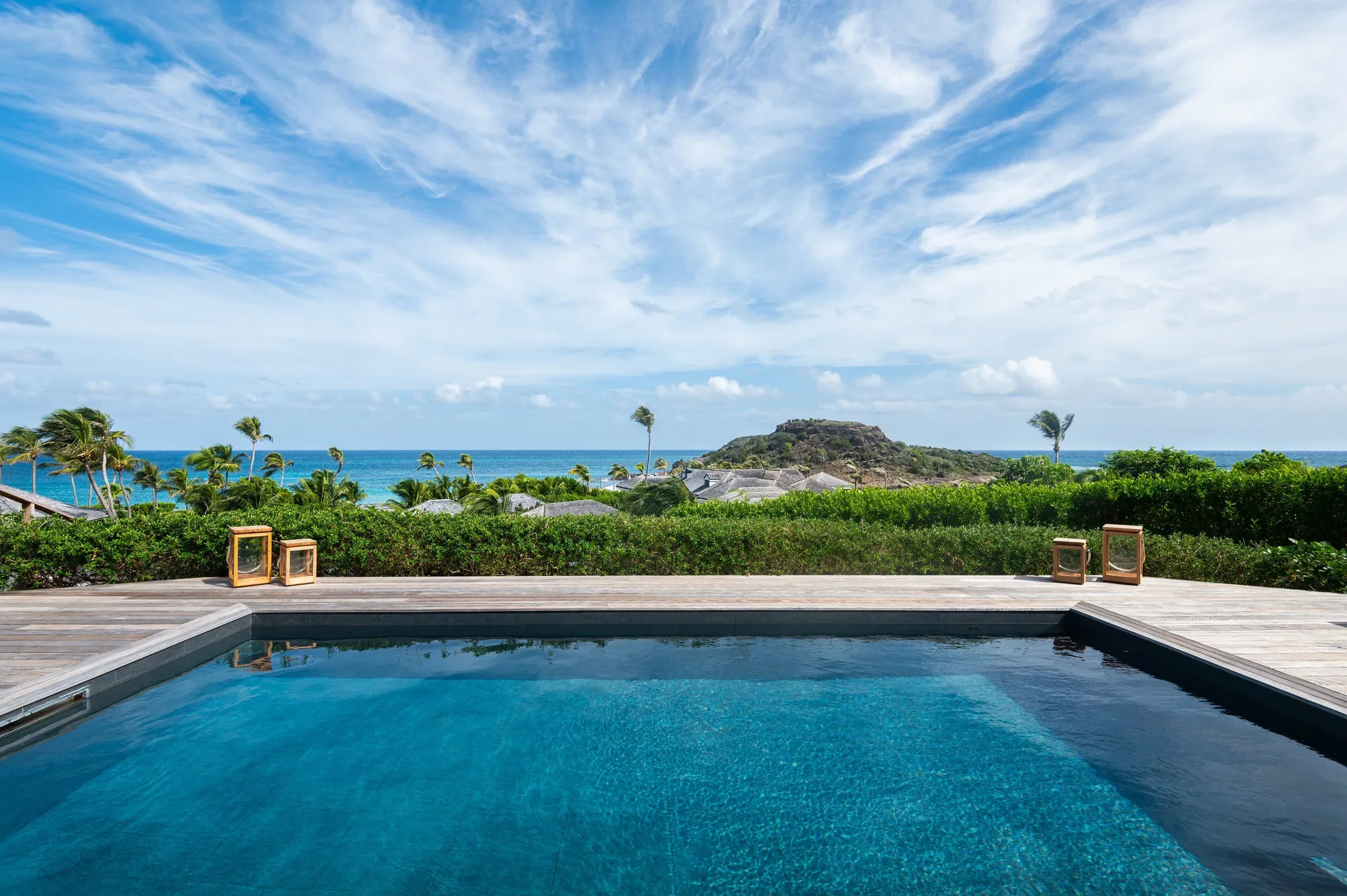 Bougainvillea Suite pool with sea and hillside views at Rosewood Le Guanahani St Barth.