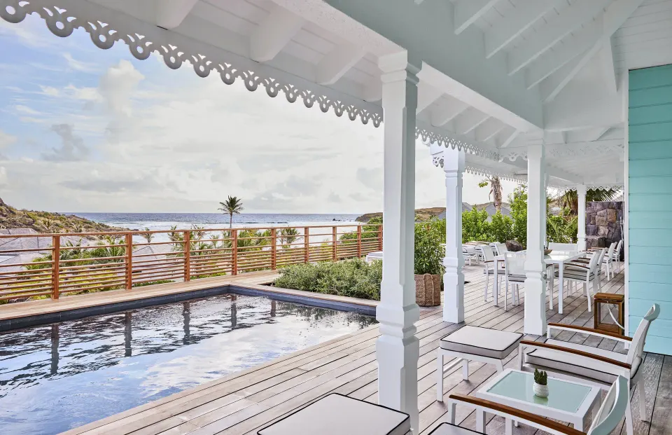Marechal Suite pool terrace with shaded seating at Rosewood Le Guanahani St Barth.