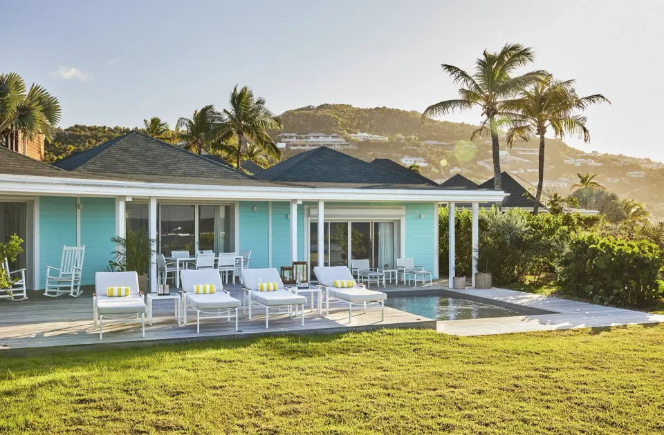 Marigot Suite terrace with plunge pool and loungers at Rosewood Le Guanahani St Barth.