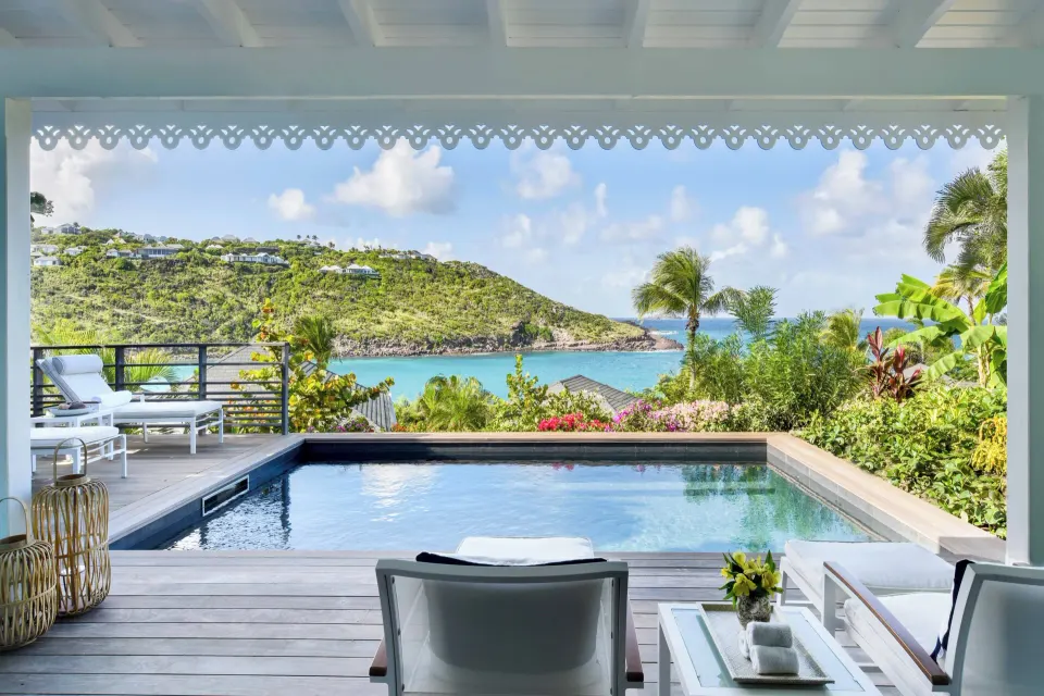 Ocean Bay Pool Room private pool and deck overlooking the bay at Rosewood Le Guanahani St Barth.