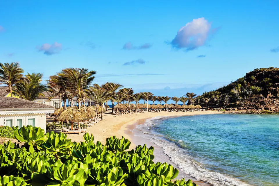 Ocean Bay Room beach view with palms and blue water at Rosewood Le Guanahani St Barth.