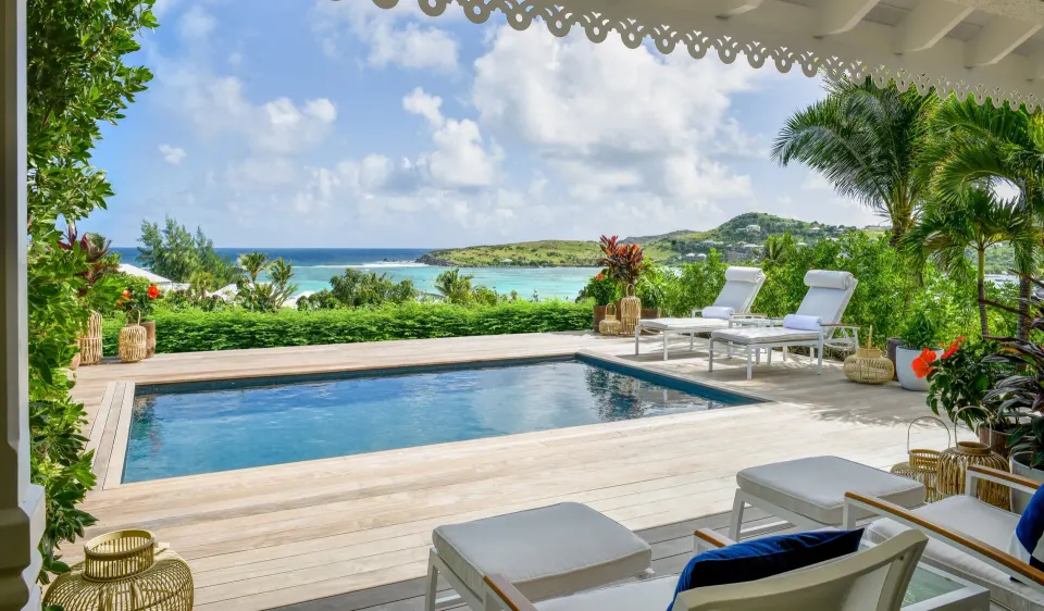 Ocean View Pool Suite deck with plunge pool and loungers at Rosewood Le Guanahani St Barth.