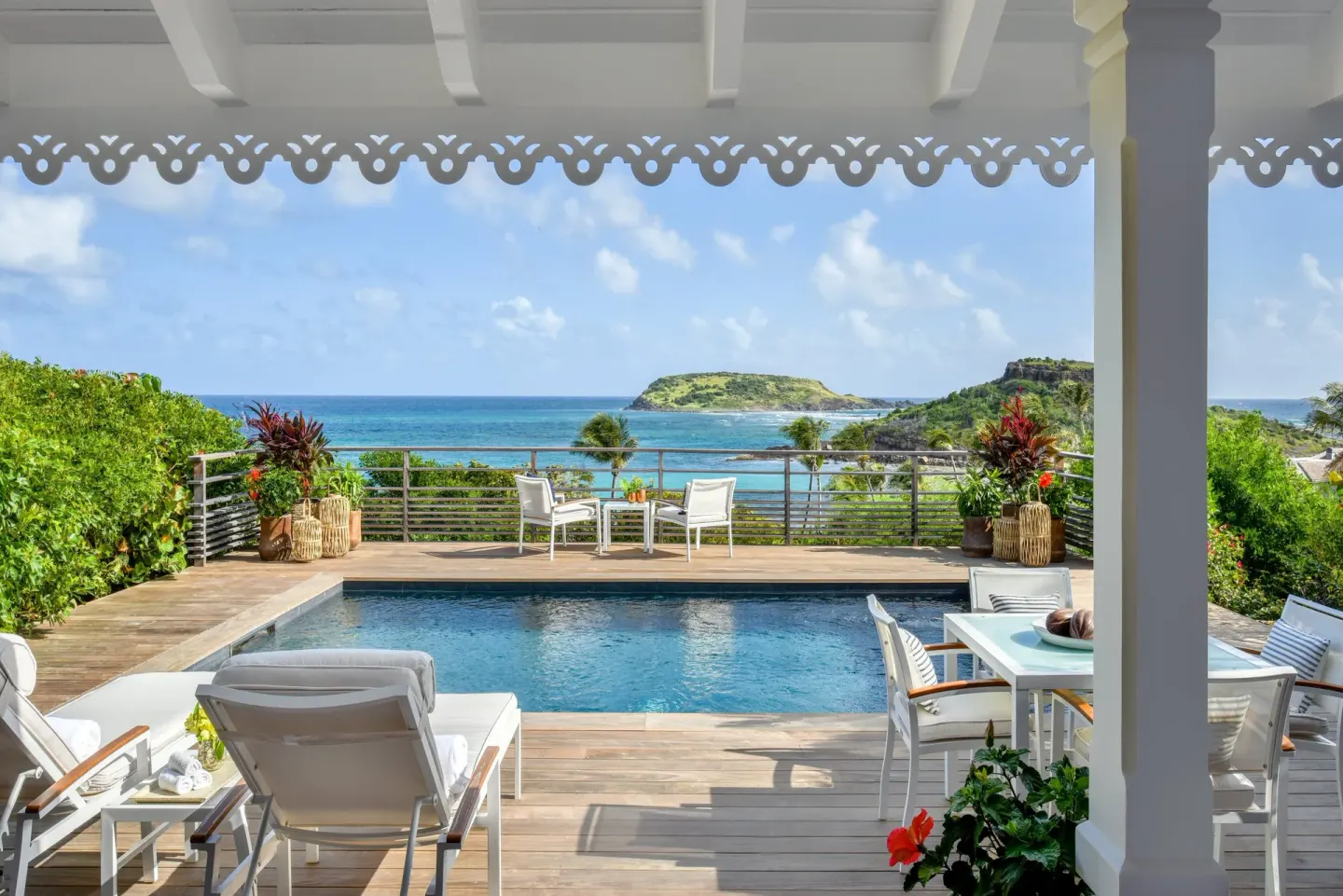 Ocean View Pool Suite terrace with private pool and sea view at Rosewood Le Guanahani St Barth.