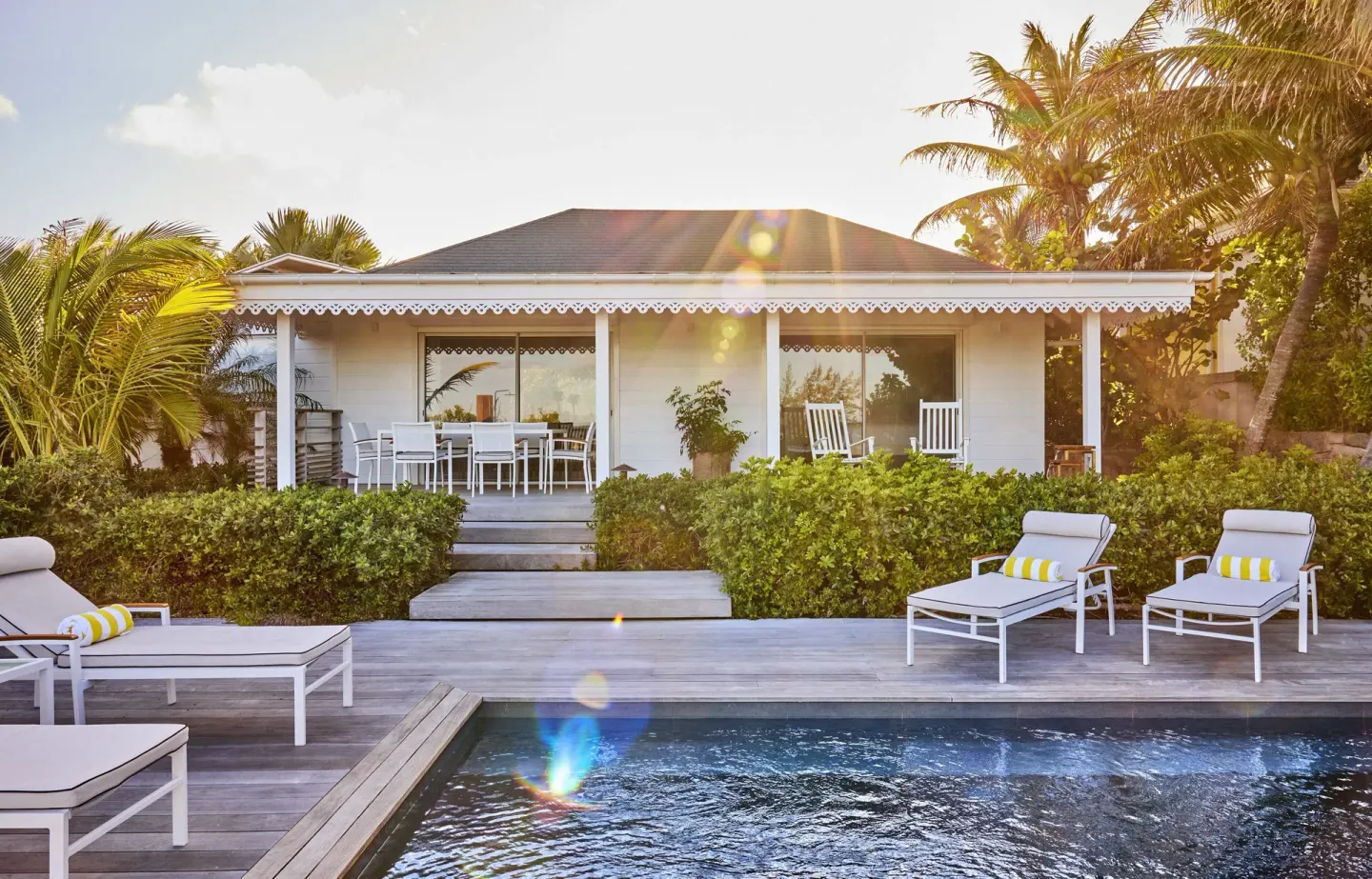 Serenity Suite exterior with private pool and loungers at Rosewood Le Guanahani St Barth.