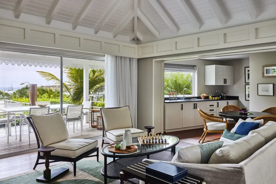 Serenity Suite living room with kitchenette and terrace at Rosewood Le Guanahani St Barth.