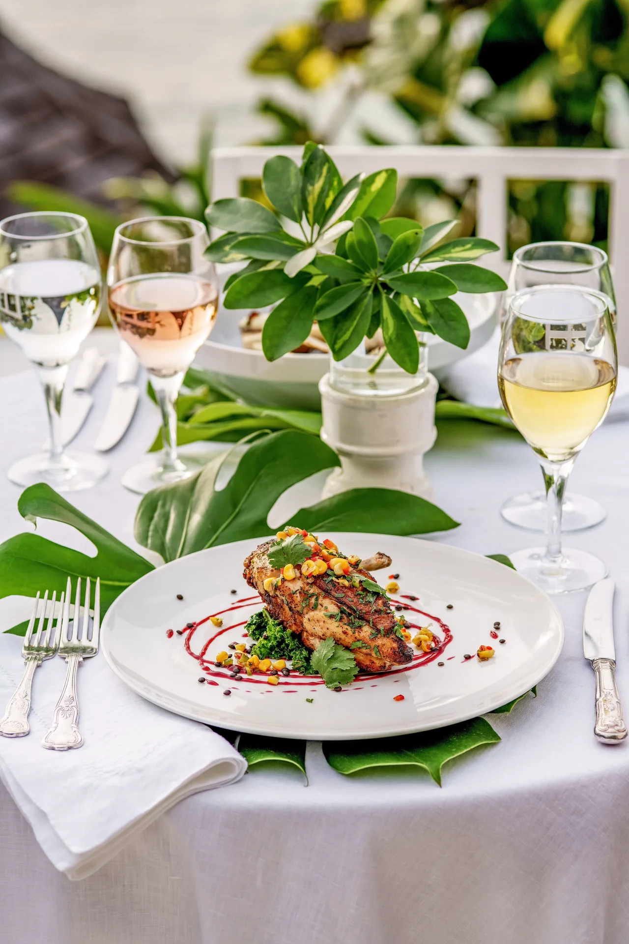 Plated grilled entrée with wine glasses at Round Hill Hotel And Villas.