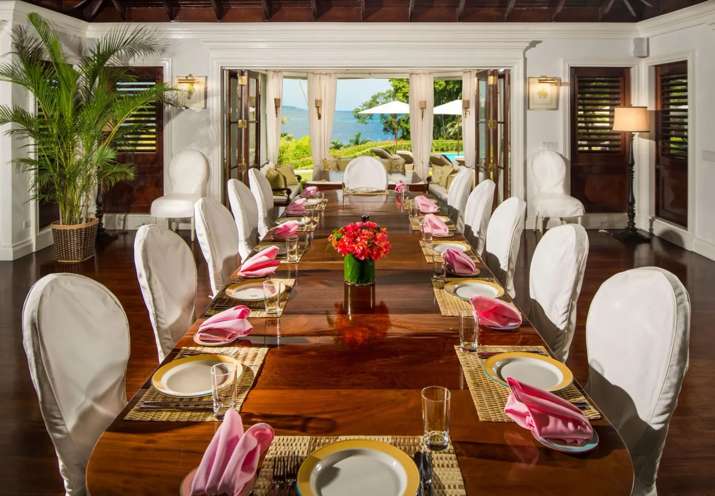 Estate Villa 5 Bedroom dining room set for a group at Round Hill Hotel And Villas.